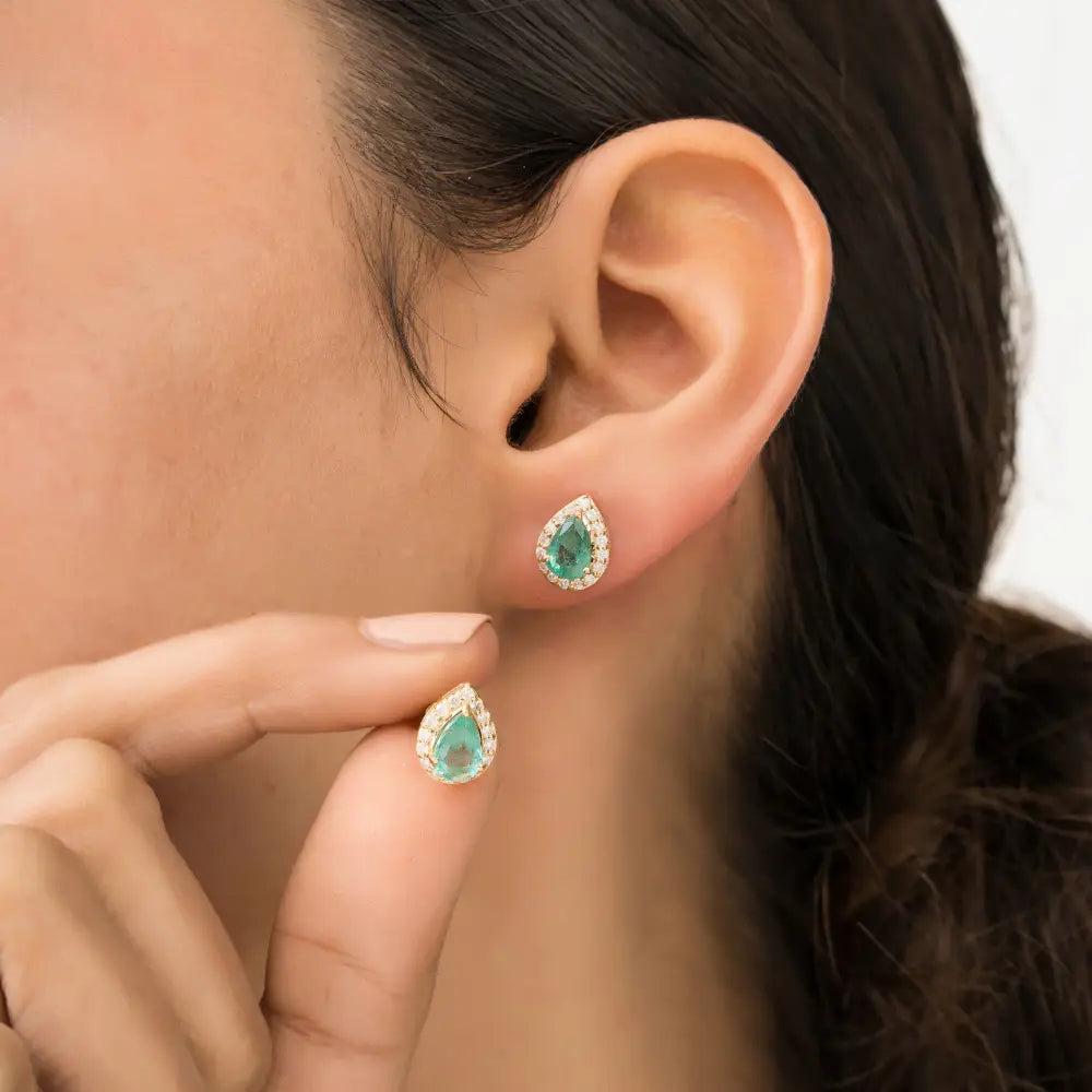100% Real Emerald & Diamond Pear Shape Halo Stud Earrings 18K Solid Yellow Gold Jewelry
