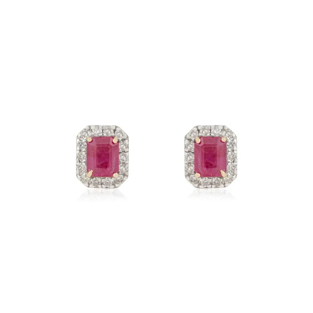 Prong Set Ruby & Diamond Simple Design K14 Yellow Gold Halo Stud Earrings Women's Gift