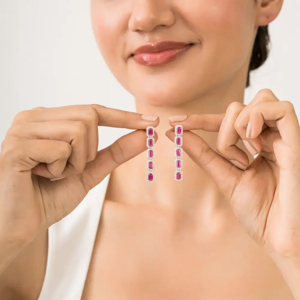 Luxurious Ruby & Diamond K14 Solid White Gold Halo Dangle Earrings For Women's Bold Jewelry