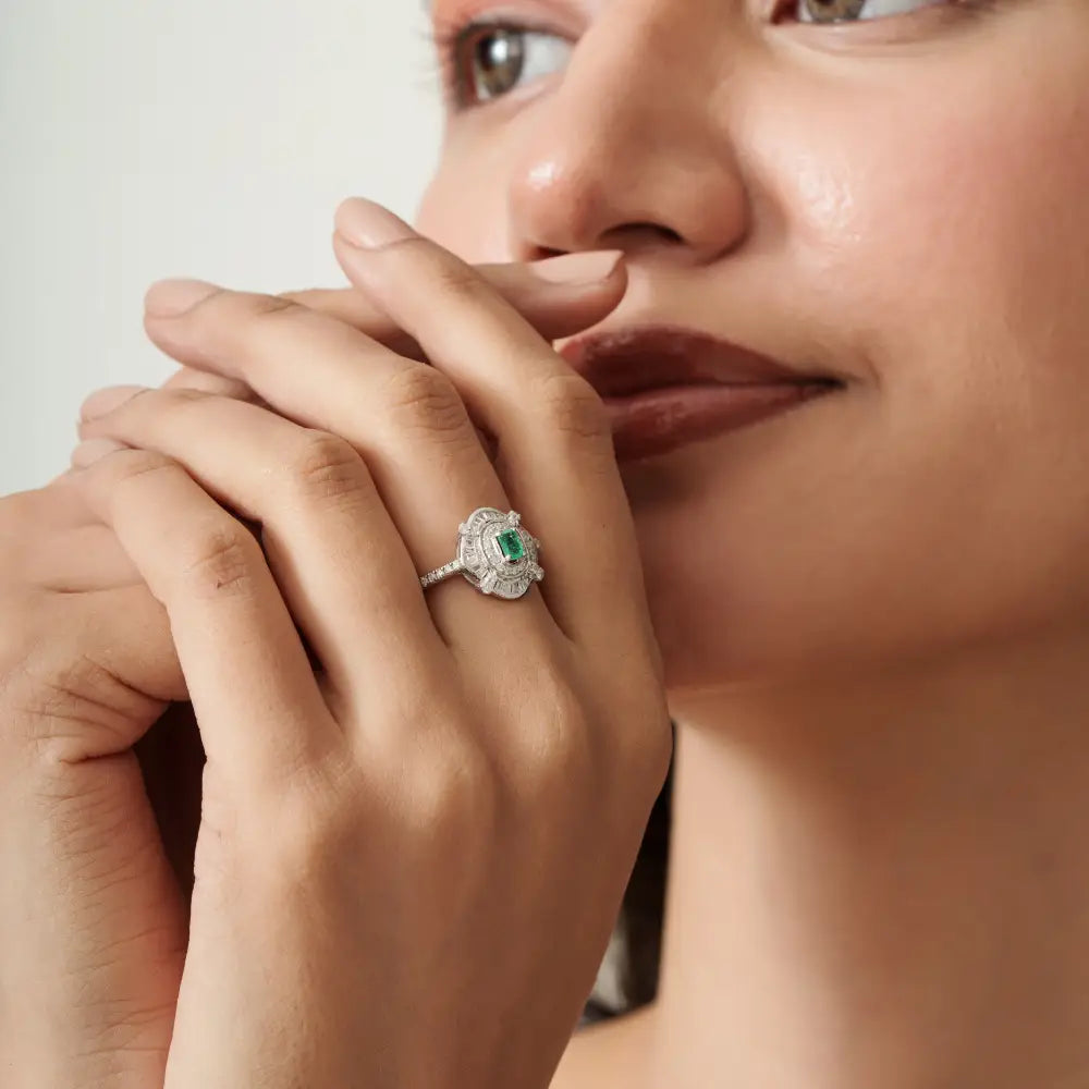 Art Deco Inspired Emerald & Diamond Statement Wedding Ring Solid K14 White Gold Jewelry
