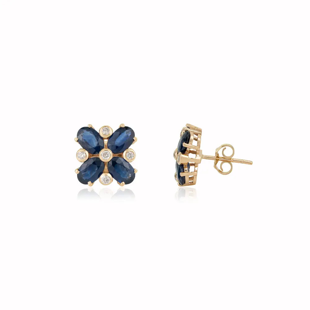 Blue Sapphire & Diamond Fine 14K Real Yellow Gold Floral Shape Stud Earrings For Women