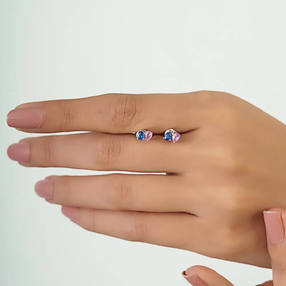 18K White Gold Prong Set Pink & Blue Sapphire Minimal Toi et Moi Stud Earrings Birthstone Jewelry