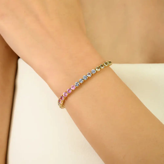 Colorful Multi Sapphire Gemstone K14 Real Yellow Gold Stackable Tennis Bracelet Trending Jewelry