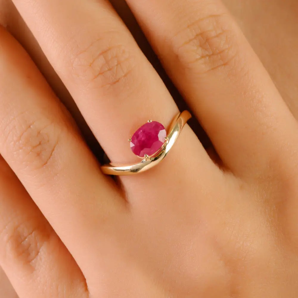 July Birthstone Latest Design Ruby Wavy Band Curve Ring Engagement Jewelry 14K Gold