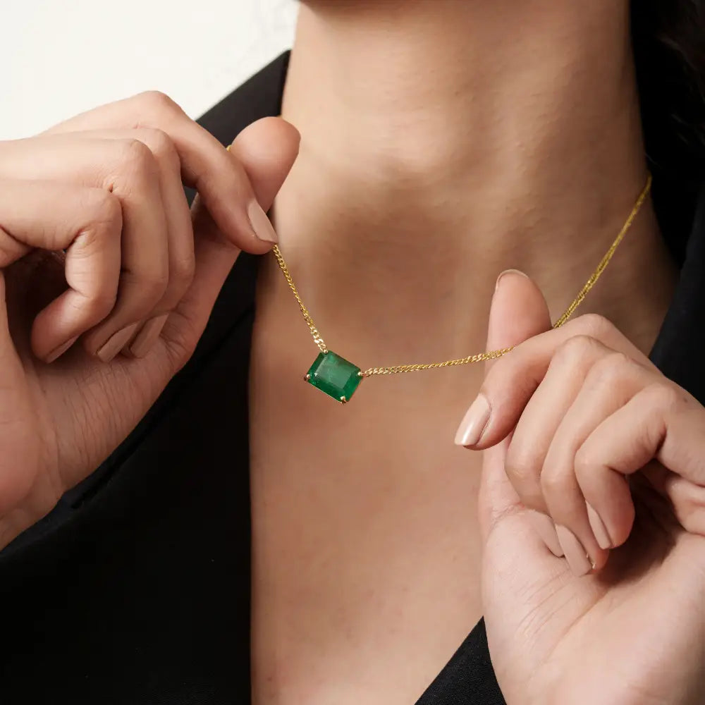 100% Authentic Emerald Curb Link Chain Solitaire Gemstone Pendant Necklace K14 Real Gold