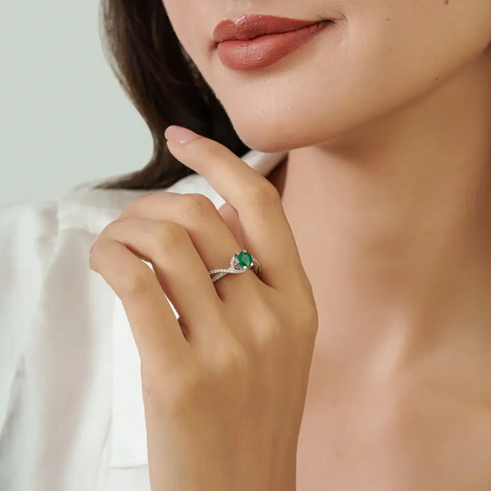 Zambian Emerald & Diamond Curve Band Engagement Ring Stackable 18K White Gold Jewelry
