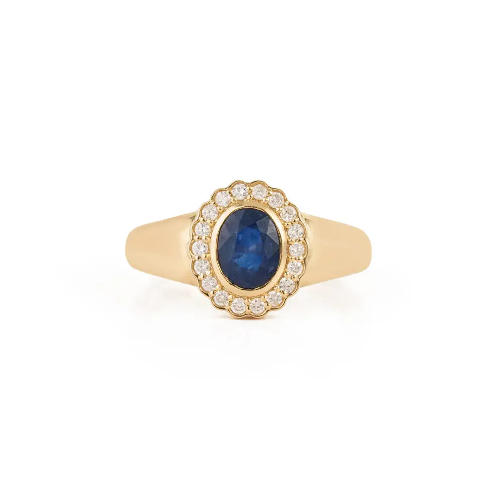 14K Solid Yellow Gold Blue Sapphire & Diamond Halo Signet Ring For Men's Wedding Jewelry
