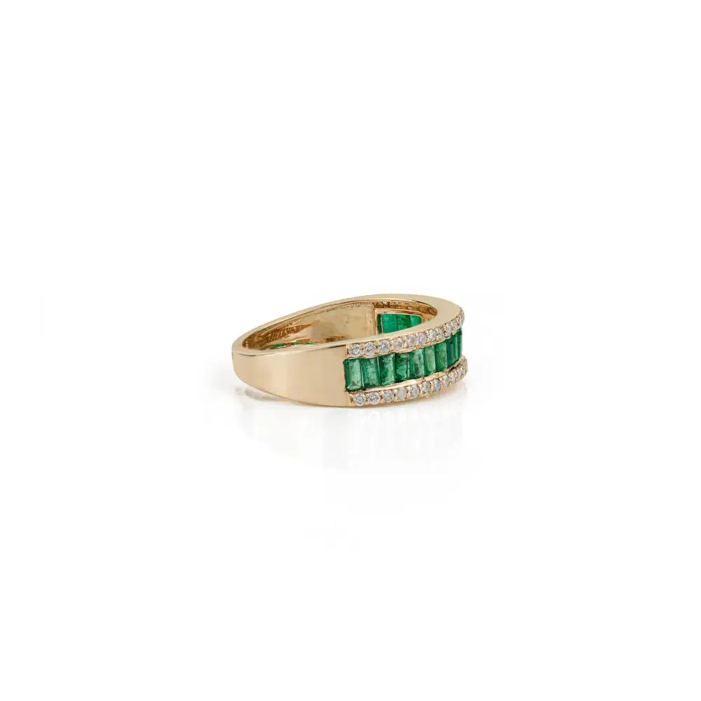 Baguette Shape Emerald & Round Cut Diamond K14 Yellow Gold Half Eternity Band Ring