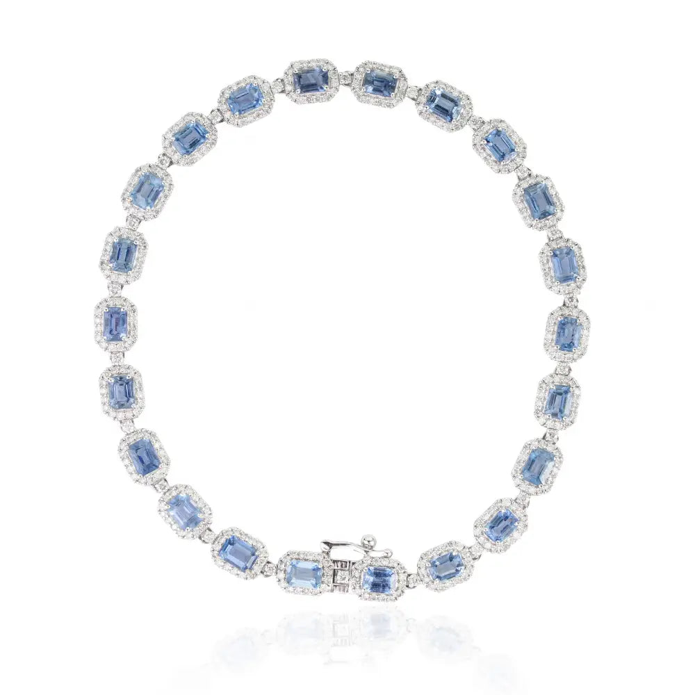 4x3mm Octagon Cut Blue Sapphire & Diamond Halo Tennis Bracelet Real K14 White Gold Jewelry
