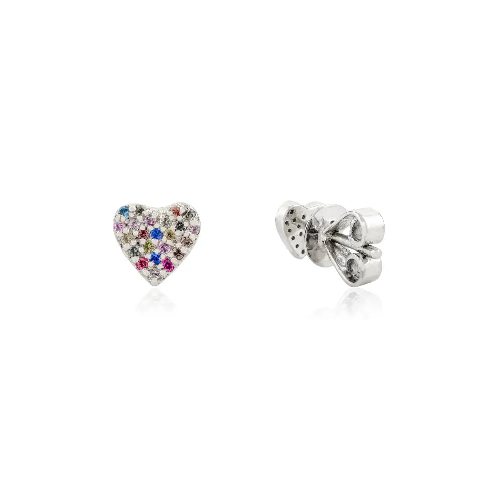 Rainbow Colorful Multi Sapphire Minimal Heart Shape Stud Earrings Pure K14 White Gold