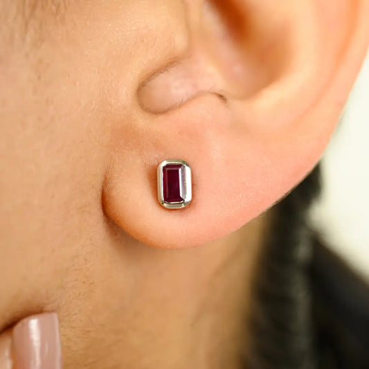 Octagon Cut Genuine Ruby Small Minimal Stud Earrings Handmade K14 White Gold Jewelry