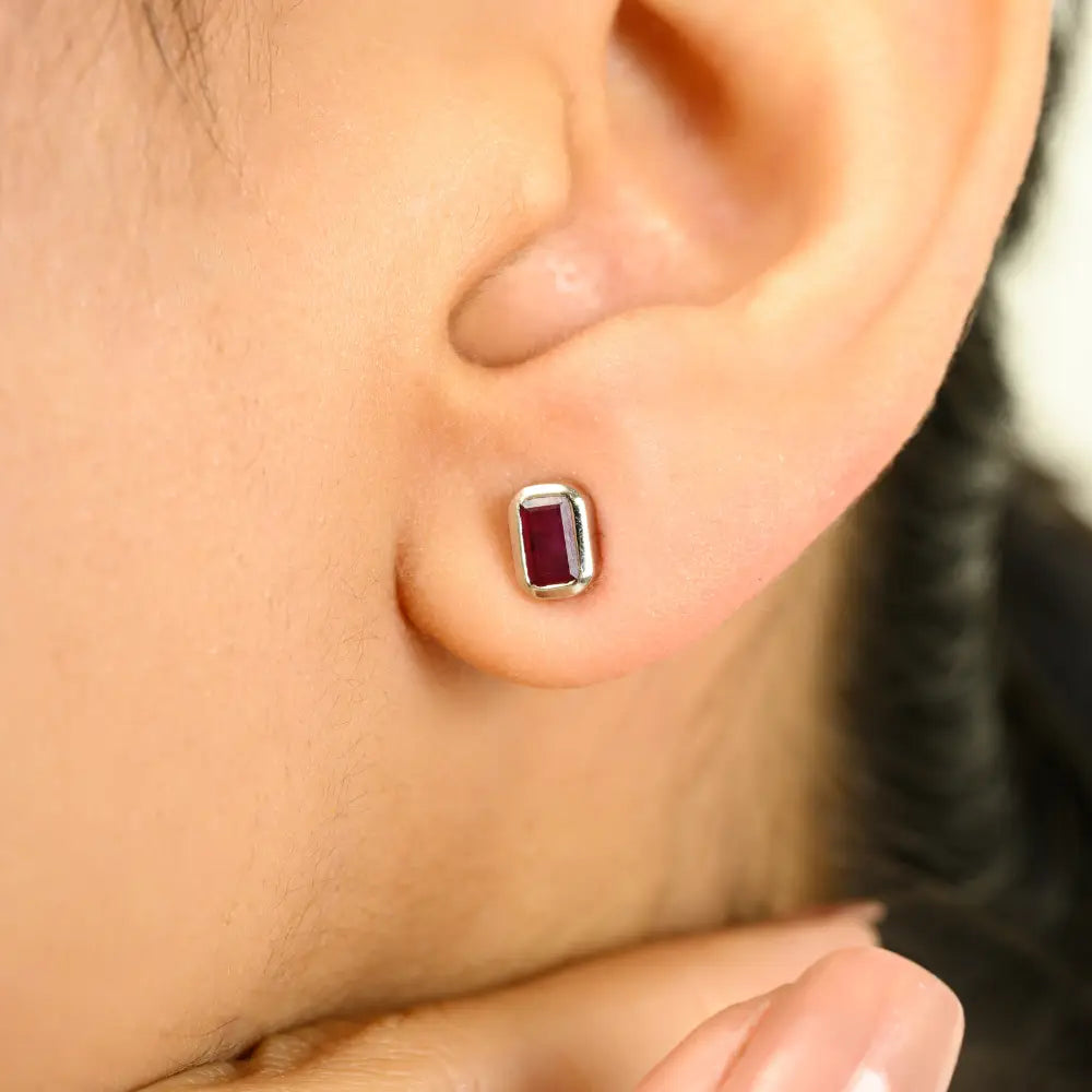Octagon Cut Genuine Ruby Small Minimal Stud Earrings Handmade K14 White Gold Jewelry
