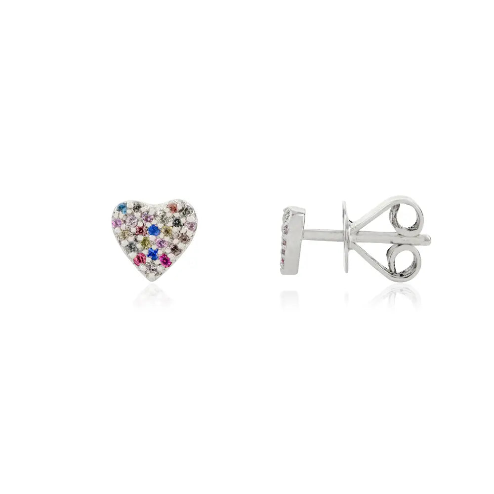 Rainbow Colorful Multi Sapphire Minimal Heart Shape Stud Earrings Pure K14 White Gold