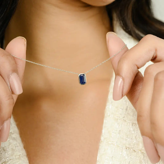 September Birthstone Blue Sapphire Single Stone Pendant Necklace 14K White Gold