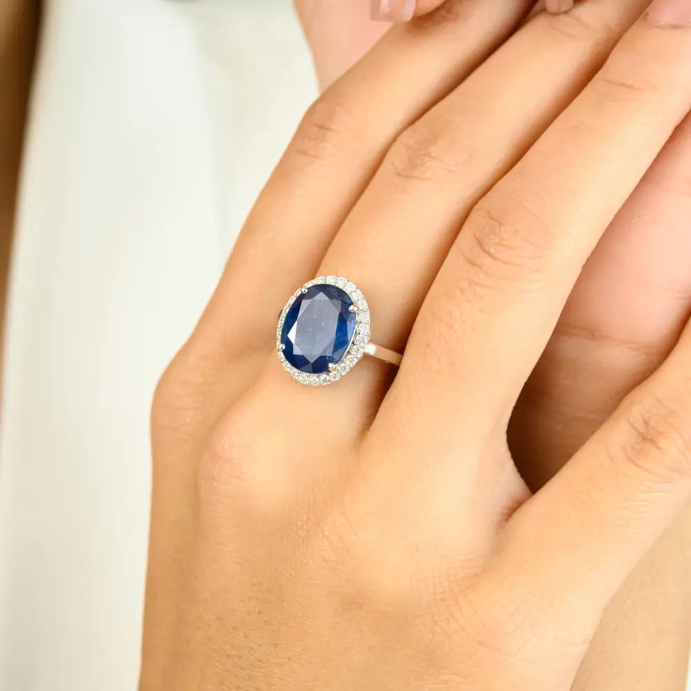 Statement Natural Blue Sapphire & Diamond Halo Ring Wedding Jewelry 14K Solid White Gold