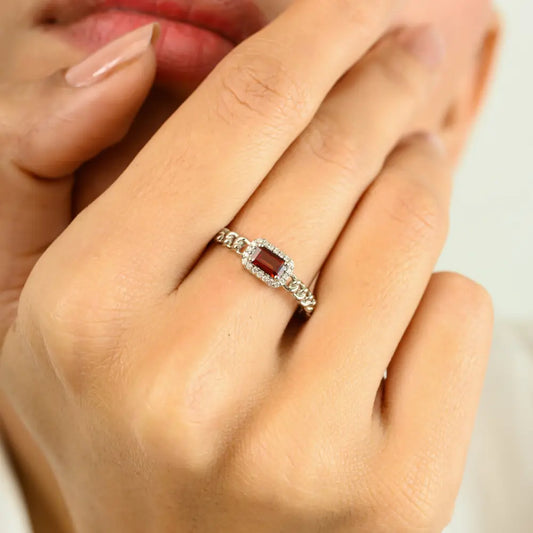 Baguette Garnet & Round Diamond 14K Gold Halo Cuban Chain Band Ring Stacked Jewelry