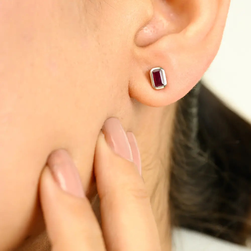 Octagon Cut Genuine Ruby Small Minimal Stud Earrings Handmade K14 White Gold Jewelry