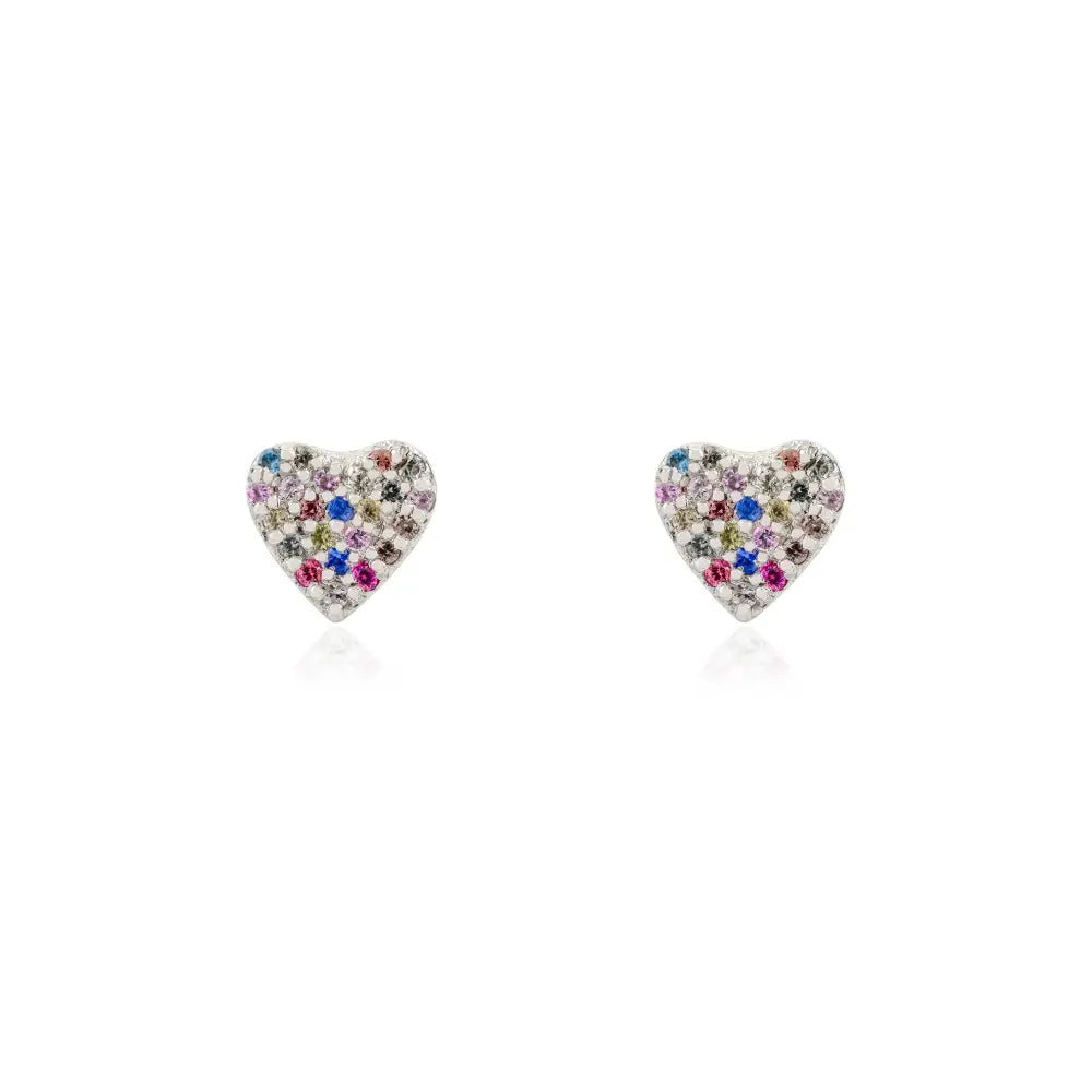 Rainbow Colorful Multi Sapphire Minimal Heart Shape Stud Earrings Pure K14 White Gold