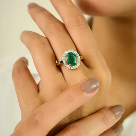 Real Yellow Gold 14K Emerald & Diamond Halo Ring Handmade Fine Jewelry at Wholesale Price