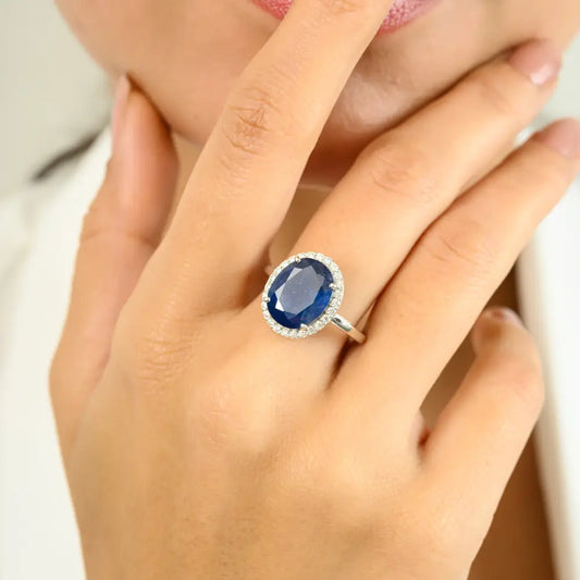 Statement Natural Blue Sapphire & Diamond Halo Ring Wedding Jewelry 14K Solid White Gold