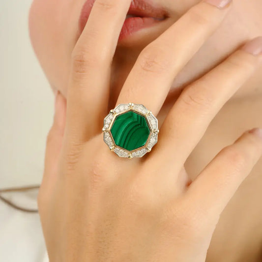 Fancy Shape Malachite & Diamond Bold Cocktail Ring For Women Real K14 Yellow Gold Jewelry