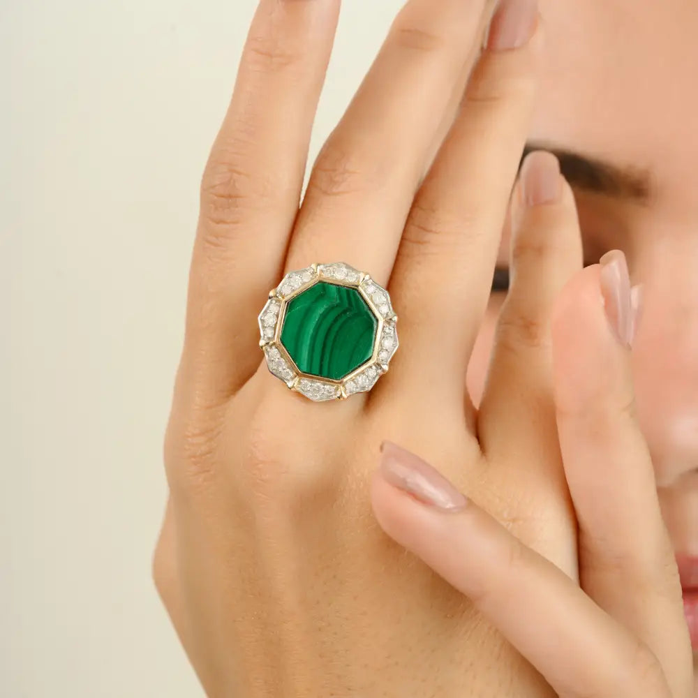 Fancy Shape Malachite & Diamond Bold Cocktail Ring For Women Real K14 Yellow Gold Jewelry