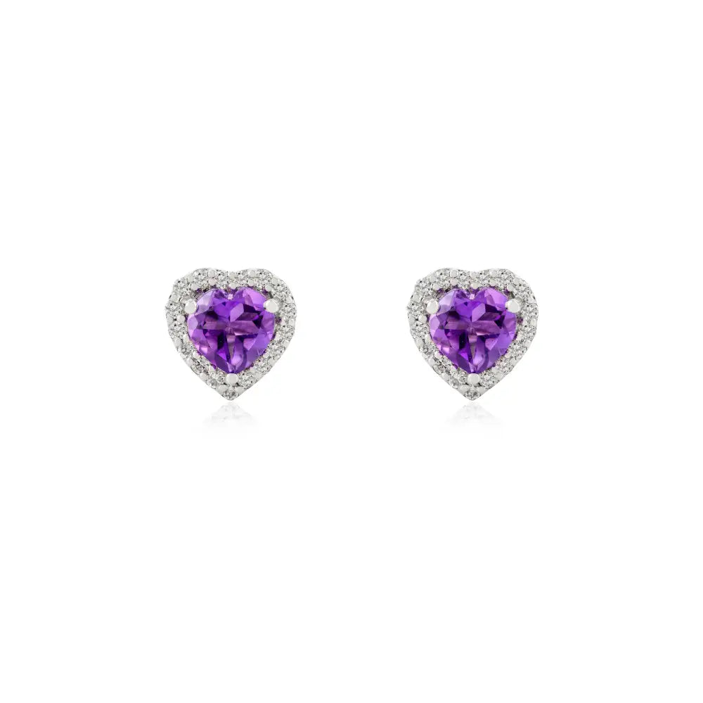 February Birthstone 14K Gold Amethyst & Diamond Heart Shape Halo Stud Earrings Wedding