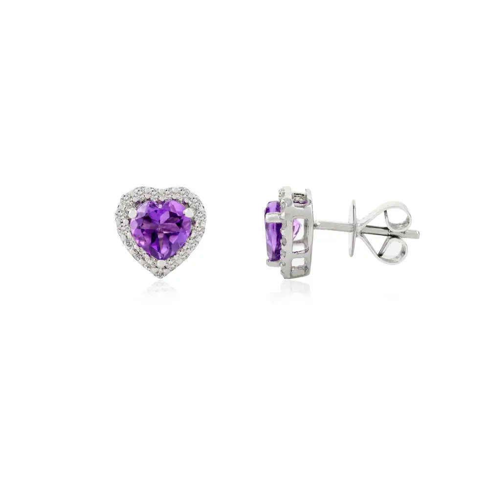 February Birthstone 14K Gold Amethyst & Diamond Heart Shape Halo Stud Earrings Wedding