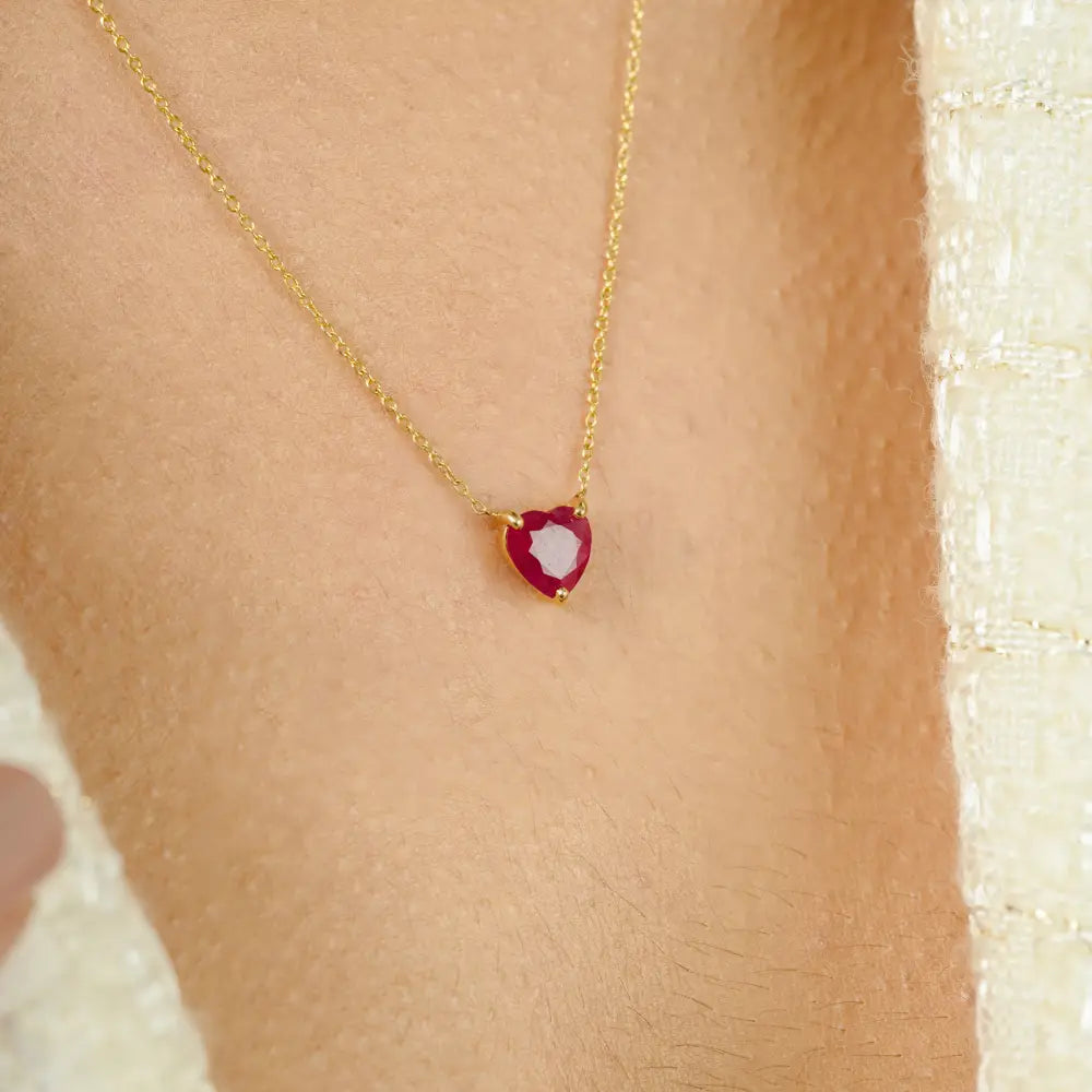 Heart Shape Ruby Single Stone Pendant Necklace Birthday Gift For Her K18 Solid Yellow Gold