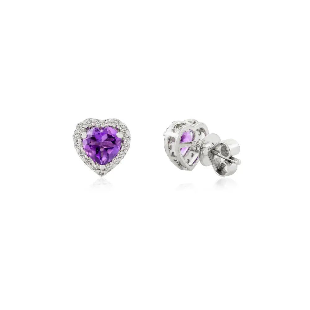 February Birthstone 14K Gold Amethyst & Diamond Heart Shape Halo Stud Earrings Wedding