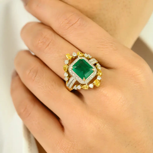 Real K14 Yellow Gold Emerald & Yellow White Diamond Cocktail Ring For Wedding Accessories