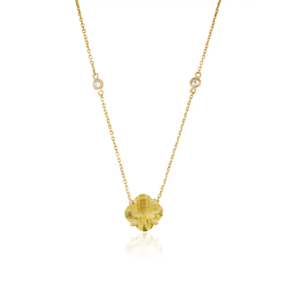Trending New Design Lemon Topaz & Diamond Clover Shape Pendant Necklace 14K Gold