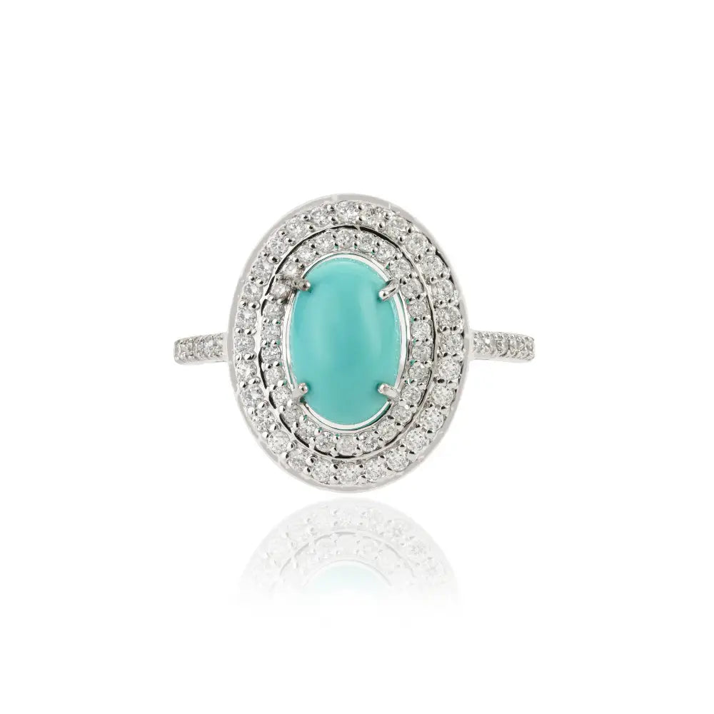 9x6mm Oval Turquoise & Diamond Double Halo Ring For Men's Best Selling Jewelry 14K Gold