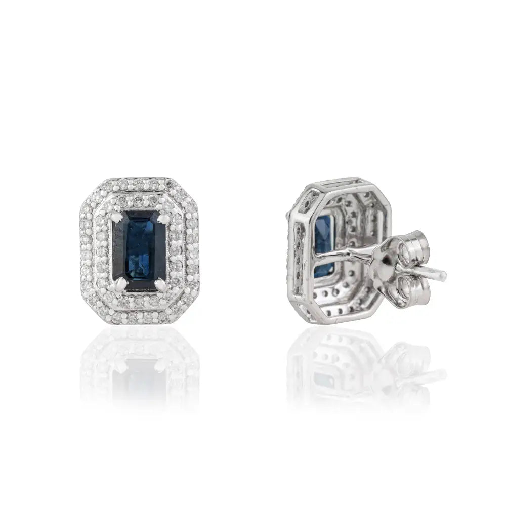 14K White Gold Blue Sapphire & Diamond Double Cluster Push Back Stud Earrings For Women's
