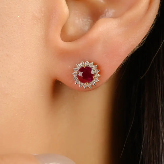 New Trending Products Round Cut Ruby & Diamond 14K Yellow Gold Cluster Stud Earrings