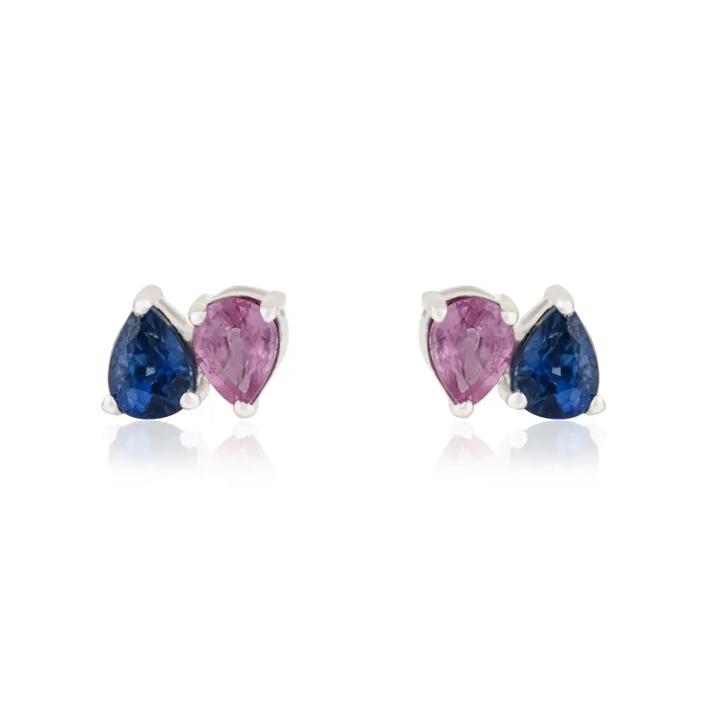 18K White Gold Prong Set Pink & Blue Sapphire Minimal Toi et Moi Stud Earrings Birthstone Jewelry