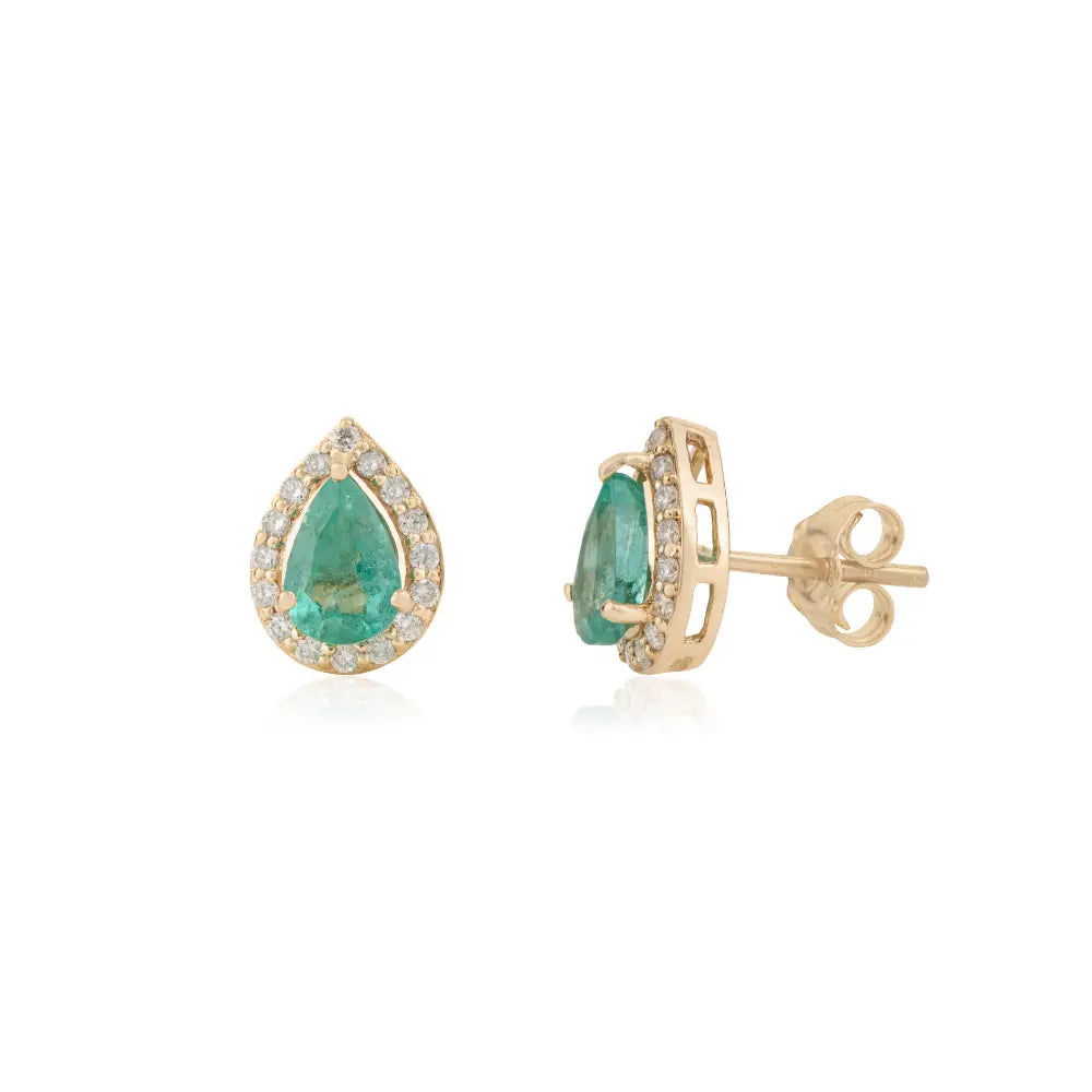 100% Real Emerald & Diamond Pear Shape Halo Stud Earrings 18K Solid Yellow Gold Jewelry