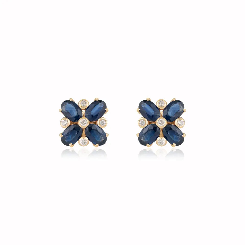 Blue Sapphire & Diamond Fine 14K Real Yellow Gold Floral Shape Stud Earrings For Women