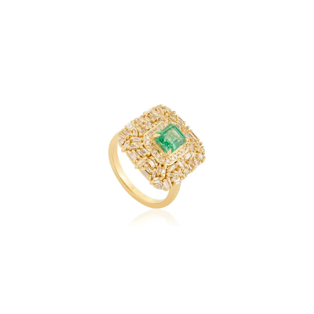 6x5mm Octagon Cut Emerald & Diamond Bold Wedding Ring Pure 14K Yellow Gold Fine Jewelry