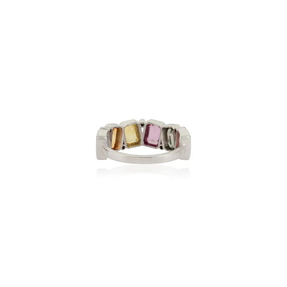 Solid 14K White Gold Rainbow Multi Sapphire & Diamond Half Eternity Band Ring For Wedding