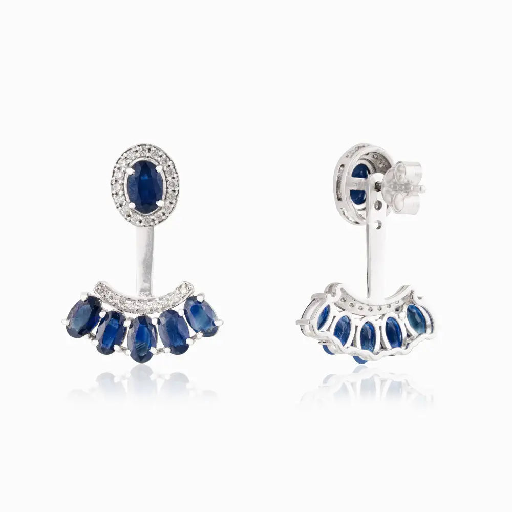 14K White Gold Blue Sapphire & Diamond Curved Shape Convertible Stud to Drop Earrings