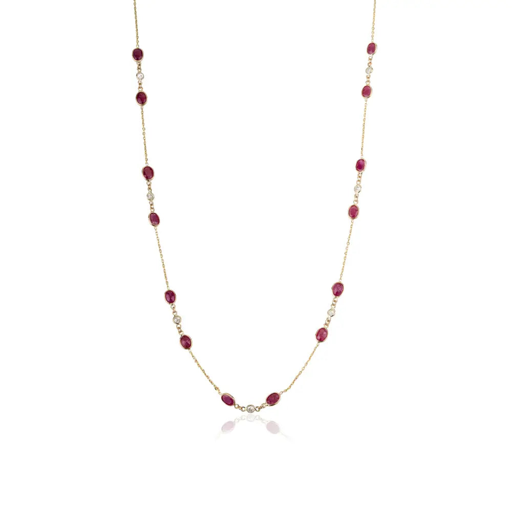 14K Solid Yellow Gold Ruby & Diamond Dainty Station Chain Necklace Mother's Day Gift Jewelry