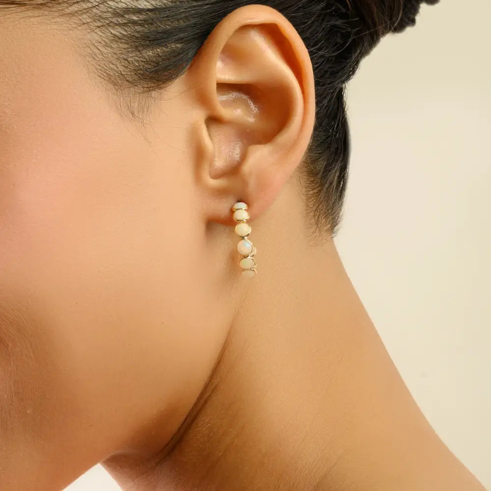 4 mm Opal Gemstone 18K Real Yellow Gold C Shape Hoop Earring Handmade Jewelry For Women