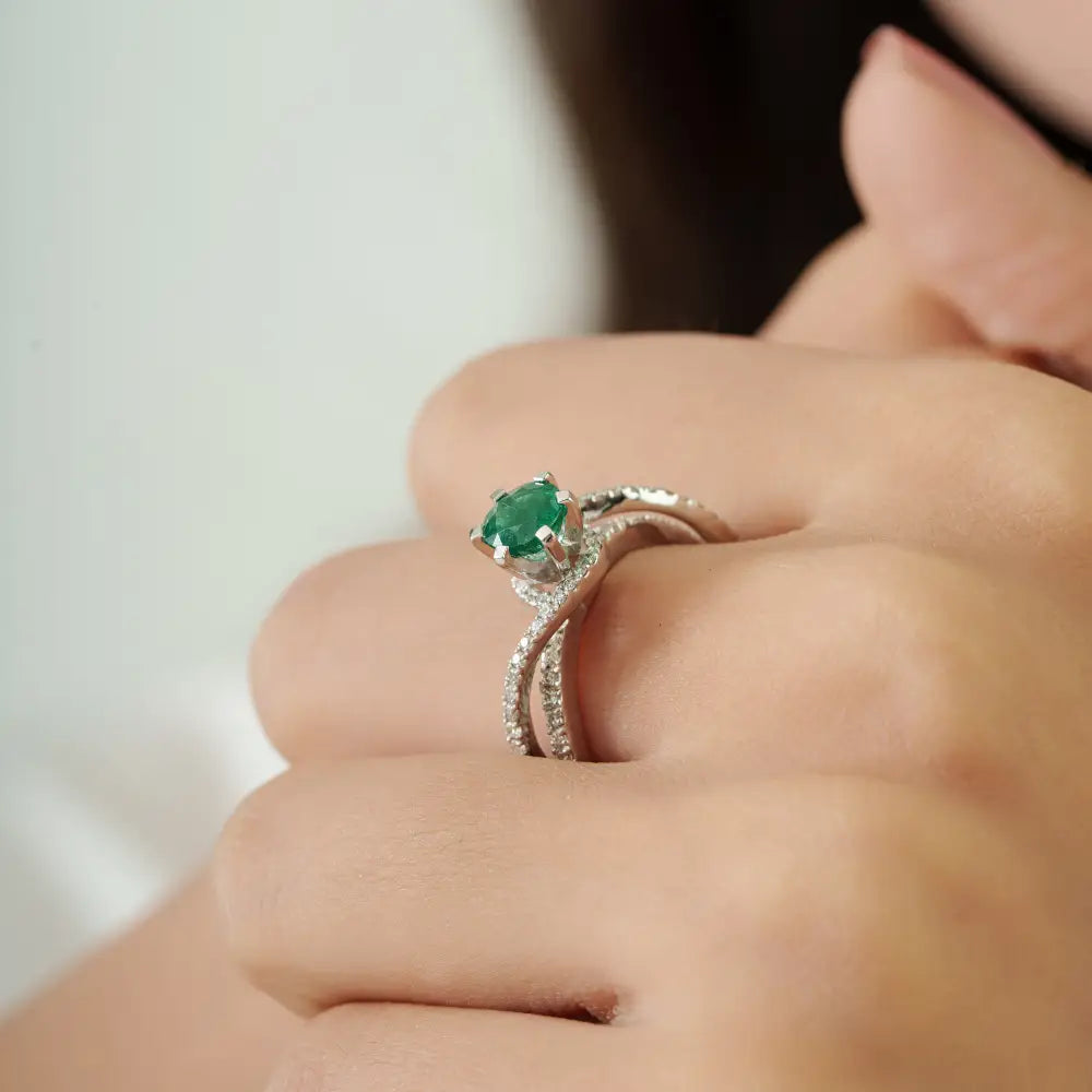 Zambian Emerald & Diamond Curve Band Engagement Ring Stackable 18K White Gold Jewelry