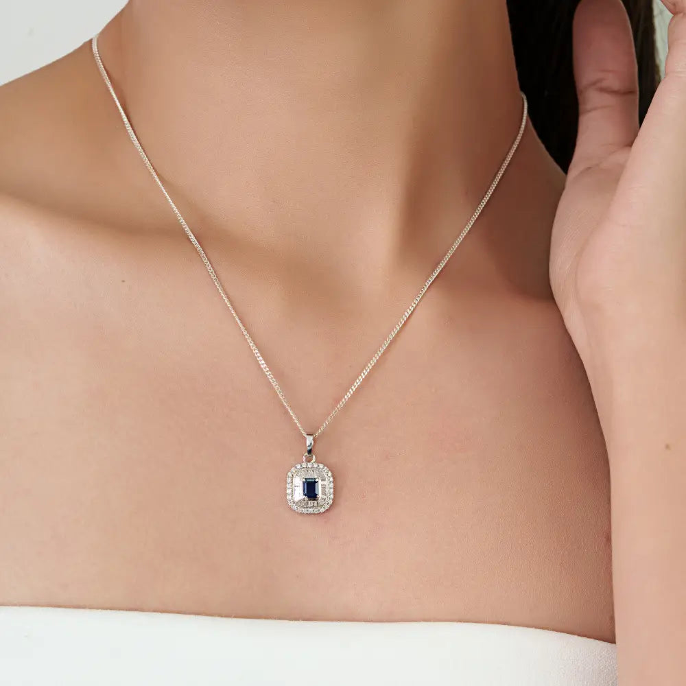 Real Blue Sapphire & Diamond 14K Pure White Gold Double Cluster Pendant For Wedding