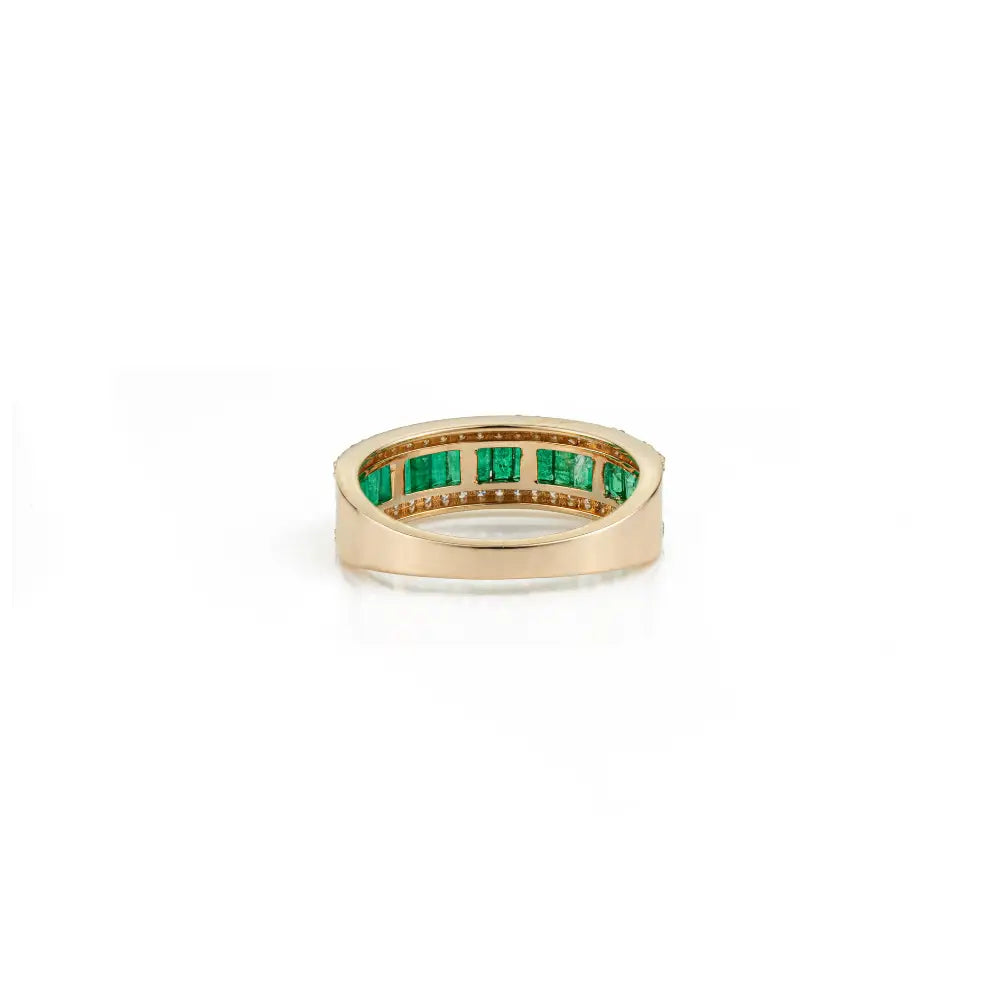 Baguette Shape Emerald & Round Cut Diamond K14 Yellow Gold Half Eternity Band Ring