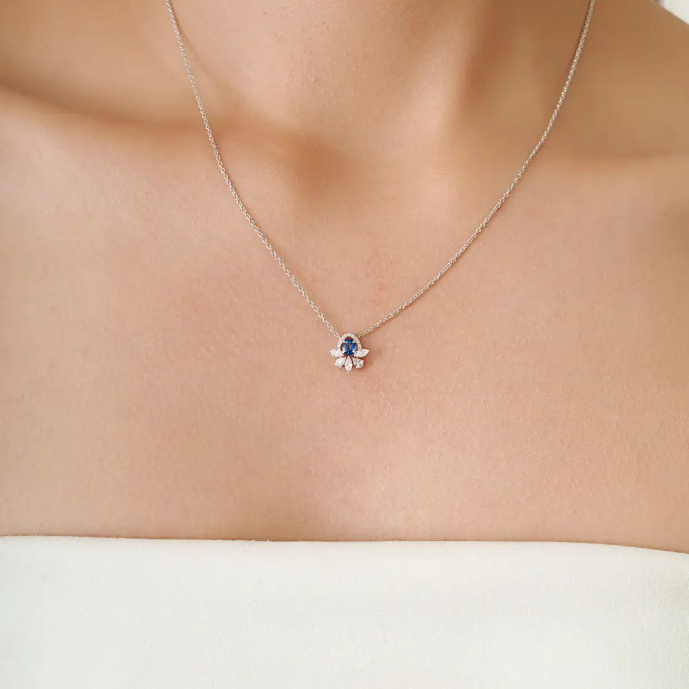 14K Solid White Gold Blue Sapphire & Diamond Minimal Pendant Necklace Everyday Jewelry