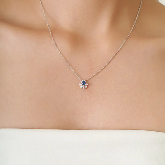 14K Solid White Gold Blue Sapphire & Diamond Minimal Pendant Necklace Everyday Jewelry