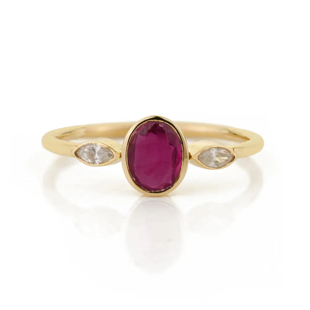 18K Solid Yellow Gold Bezel Set Ruby & Diamond Stack Three Stone Ring July Birthstone Jewelry