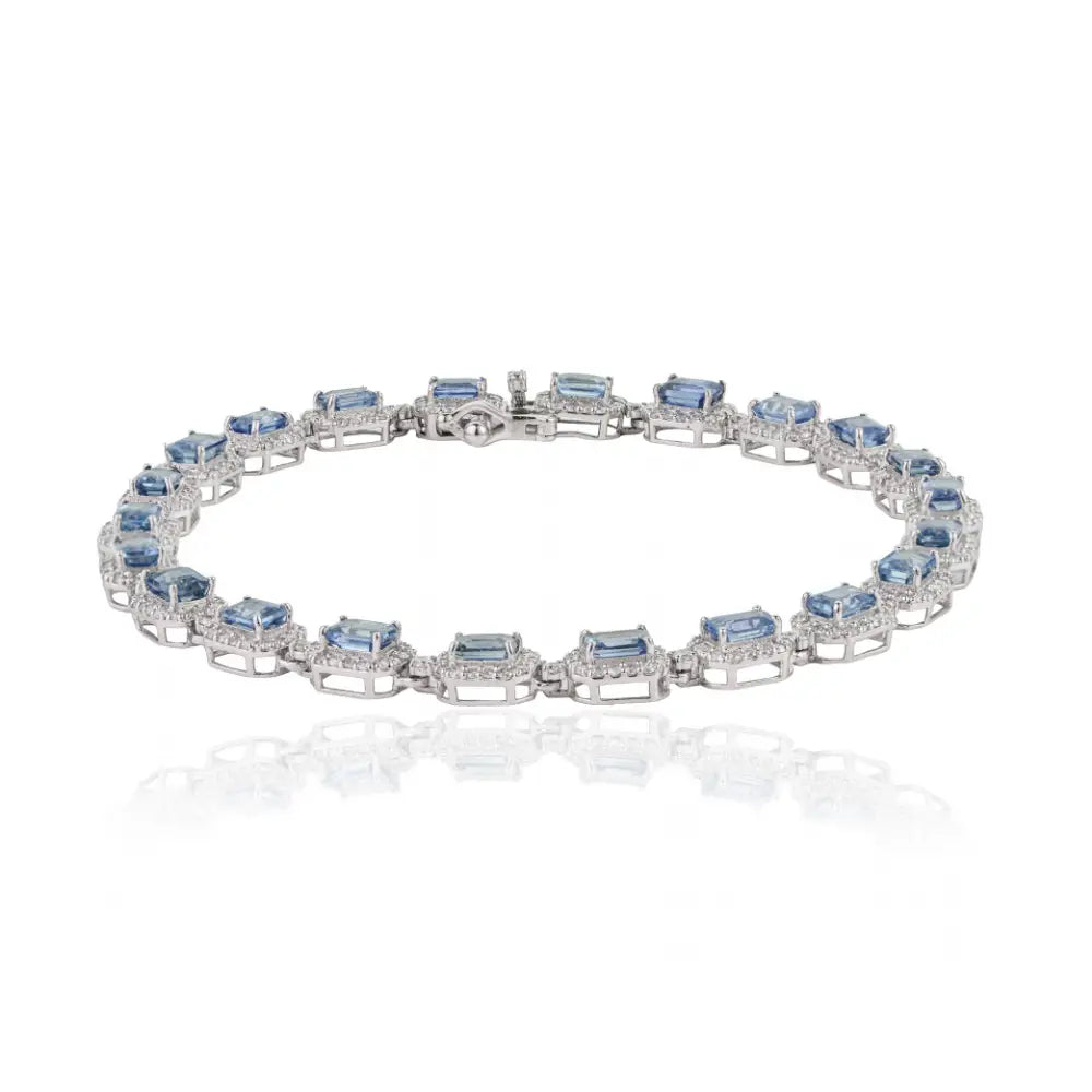 4x3mm Octagon Cut Blue Sapphire & Diamond Halo Tennis Bracelet Real K14 White Gold Jewelry
